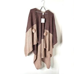 LC Lauren Conrad Neutral Plum Knit Pom Cardigan Poncho Sweater NWT